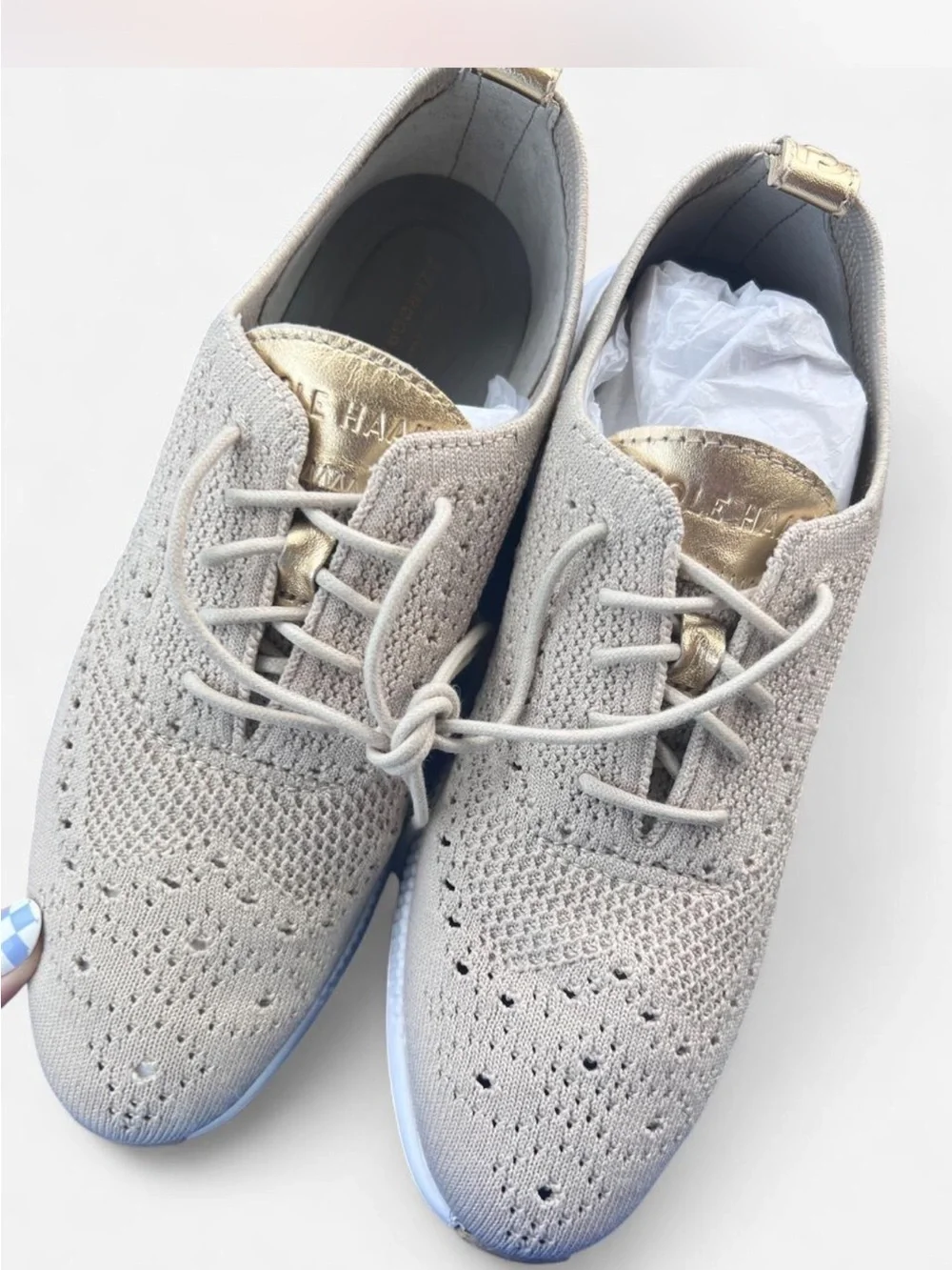 Cole Haan Women's Knit Lace-Up Sneakers in Light Gray with Gold Accent